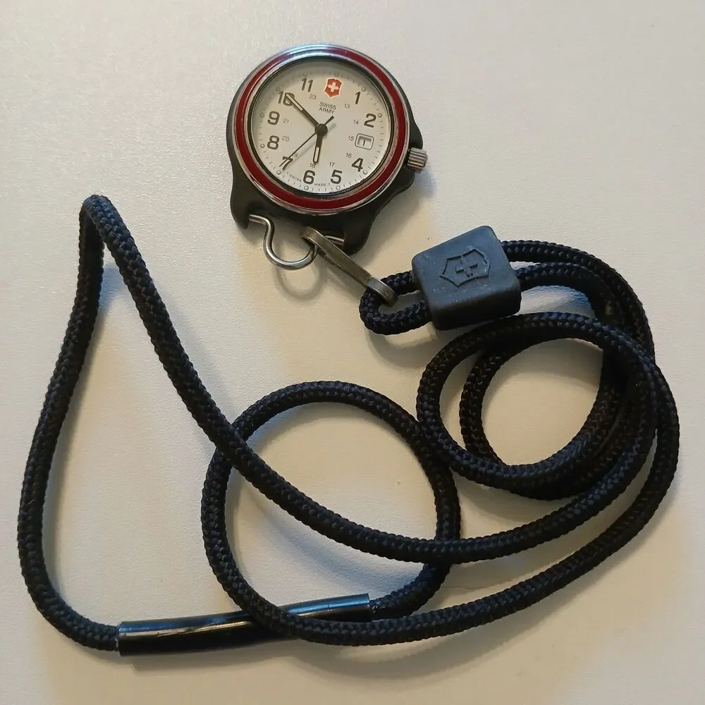VTG 1990s Swiss Army Brand Pocket Watch Lanyard Red Bezel Date White Dial 31mm